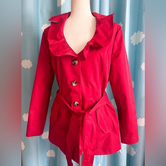 Sandro Studio red ruffle trench coat-L - Picture 7 of 7
